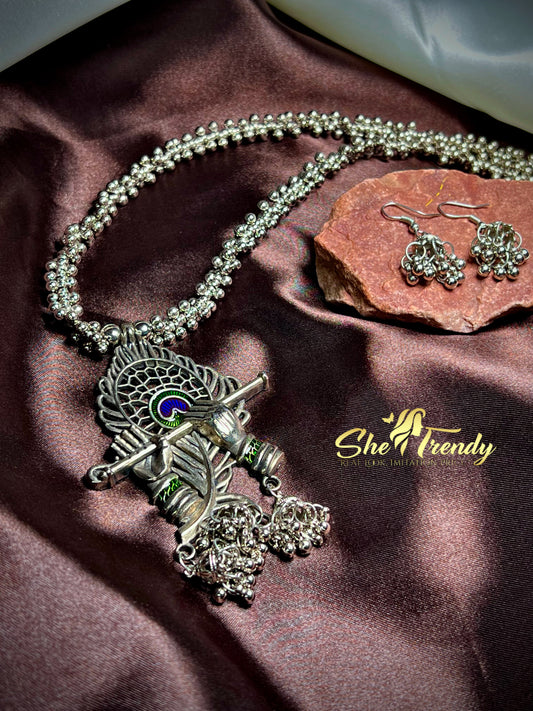 Antique Silver-Tone Krishna Flute Necklace & Earring Set