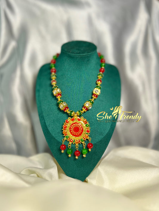 Festive Red & Green Beaded Statement Necklace