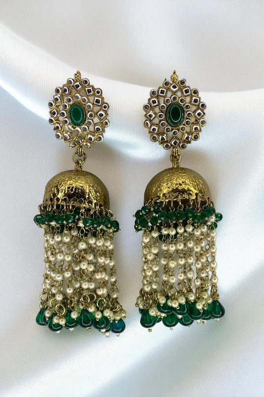 Gold Green Jhumka with Pearls