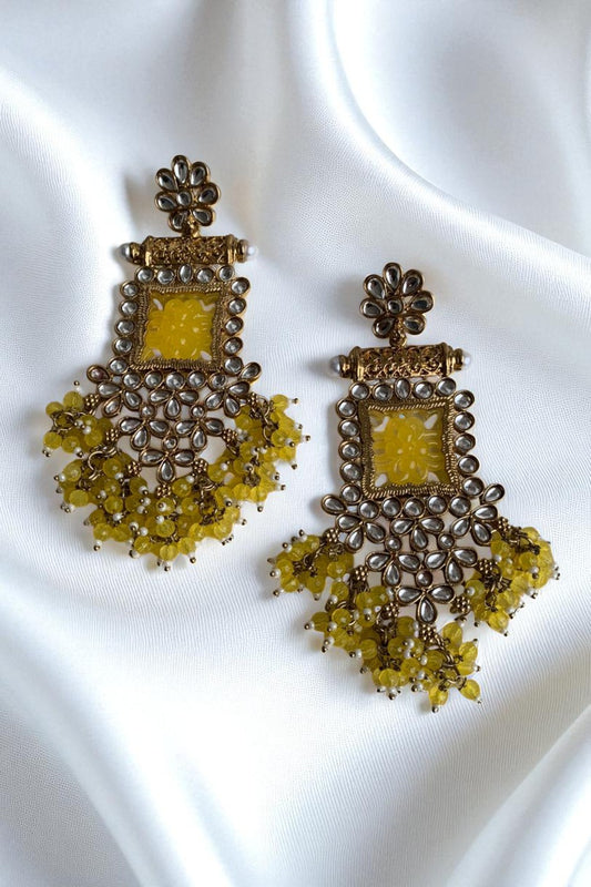Floral Square Kundan Earrings with Pearl & Bead Drops