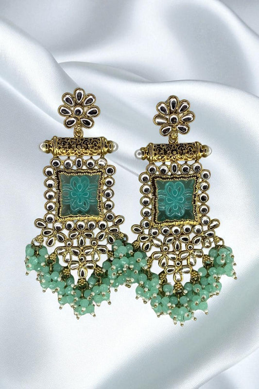 Floral Square Kundan Earrings with Pearl & Bead Drops